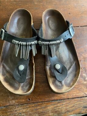 Vintage Hippy Boho Metal Fringe Birkenstocks 37 Black
